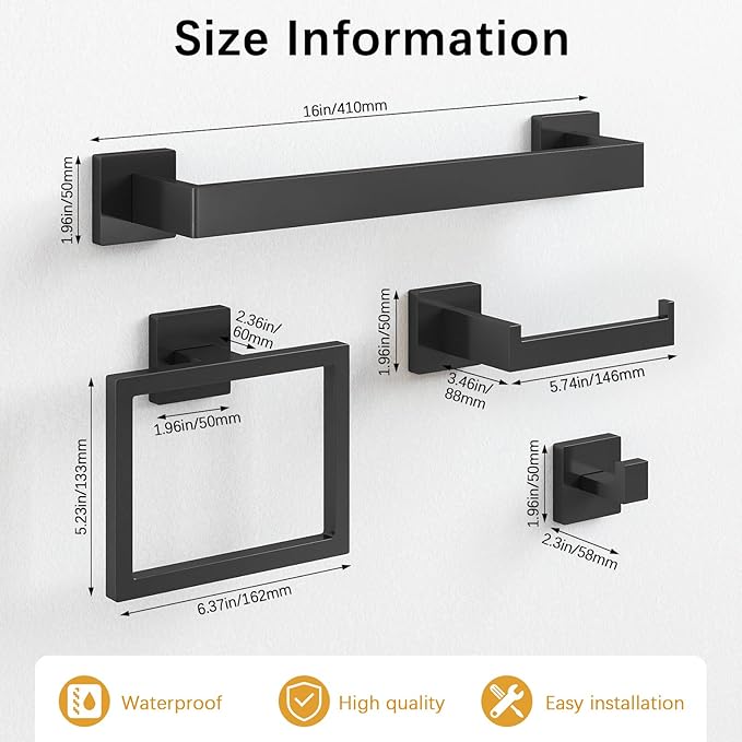 Bathroom Hardware Accessories Set, 10 Piece Black Towel Bar Set Stainless Steel, Towel Racks for Bathroom Wall Mounted Towel Holder Set, 16 inch