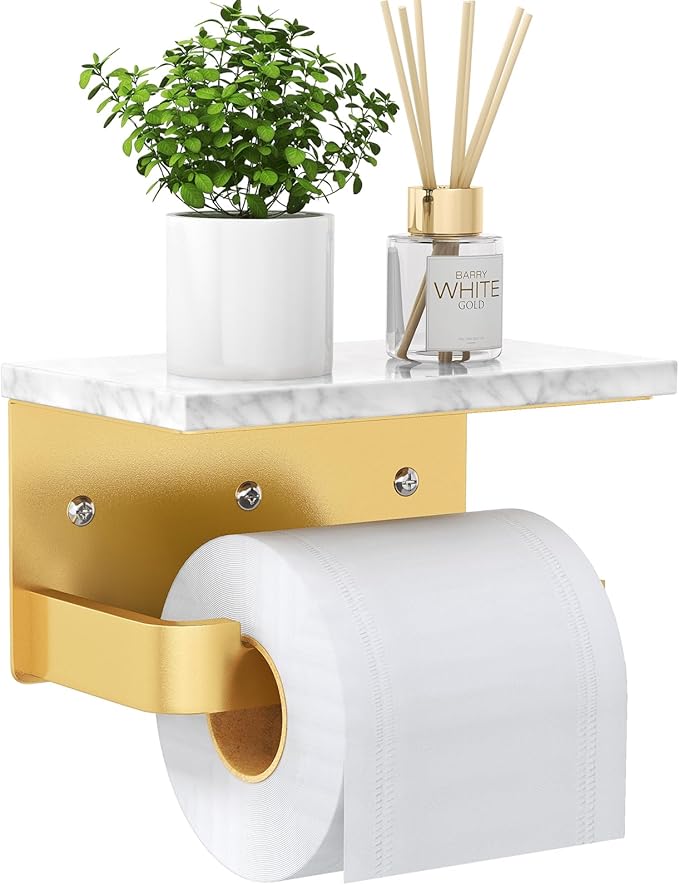 Toilet Paper Holder with Shelf, Extended Base Wall Mounted, Marble Toilet Roll Holder Black for Bathroom Washroom Gold