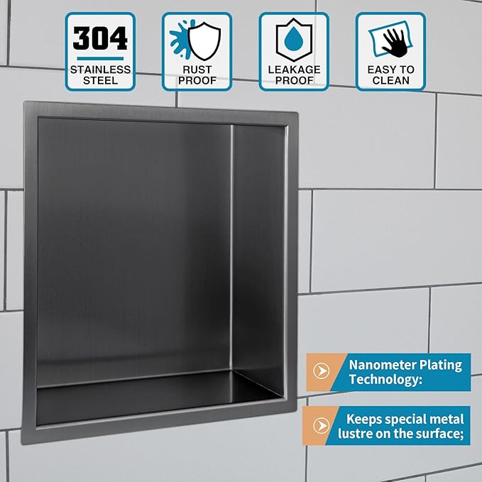 12"×12" Shower Niche Brushed Stainless Steel, Recessed Shower Caddy, Bathroom Shelf Insert Fits for 11"x11" Wall Hole Installation (Light Black)