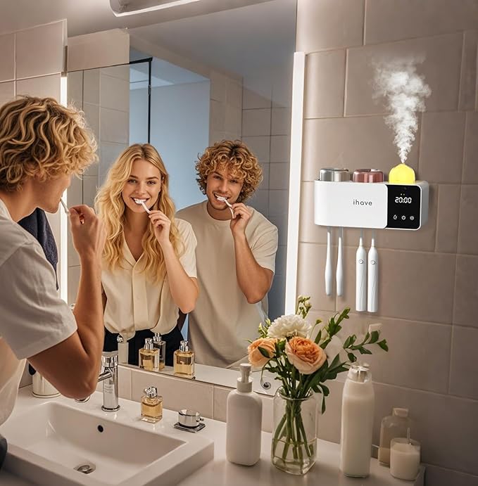 iHave Toothbrush Holders Wall Mounted with Toothbrush Sanitizer & Aromatherapy Diffuser | Auto-Cycle Disinfection, Heated Fan Drying, USB Rechargeable, IR Night Light,LED - 2 Cups Bathroom Organizer