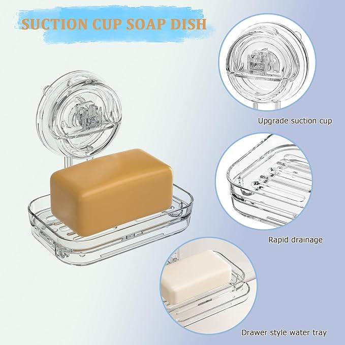 Soap Dish for Shower Clear Acrylic Soap Holder with Self-Draining Design No Drilling Required Strong Fixation for RV Bathroom and Kitchen Easy to Clean and Space Saving(2pack Suction Cup)