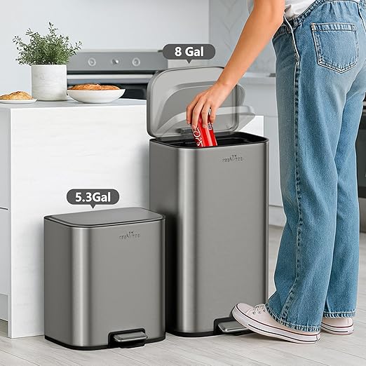 mVm Kitchen Trash Can, 5.3 Gal Trash Can with Lid, Smooth Edge Step Garbage Bin for Home Kitchen Office (Gray)
