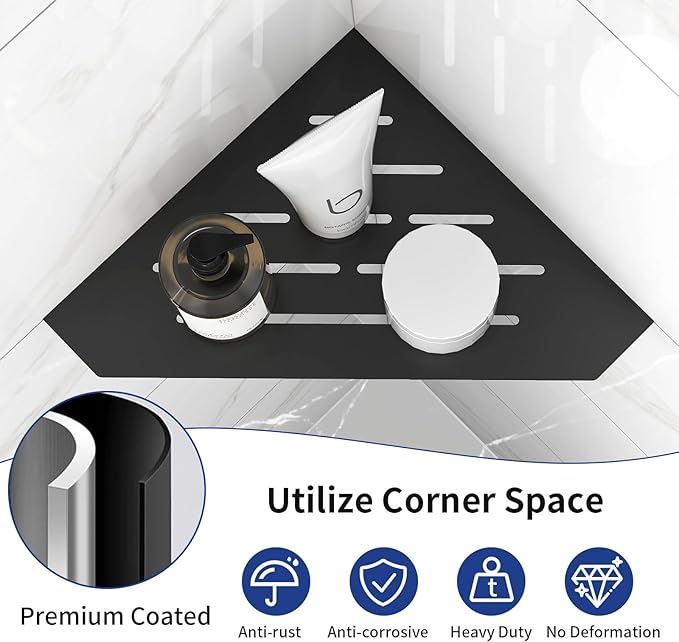 10" Recessed Corner Shower Shelf 2 Packs, Grout Mount Install ation with Soap Holder, Bathroom Cornor Organizer for Tiled Wall, Requires Sealant, Matte Black