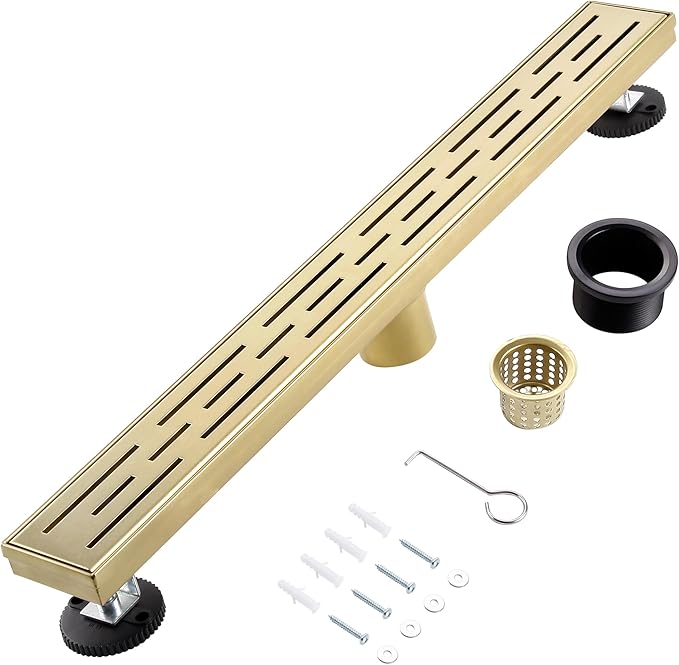 12 Inch Linear Shower Drain, Brushed Gold Shower Drain,Removable Grate, 304 Stainless Steel, Easy to Install and Clean for Bathrooms (Drain Base Not Included), LSD-01A-12G