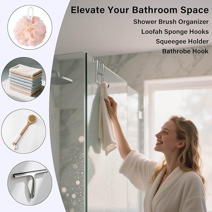 Shower Door Hooks for Towels & Squeegee - No Drill Bathroom Hooks for Frameless Glass Door, Shiny Silver Stainless Steel with Anti-Slip Rubber (2 Pack)