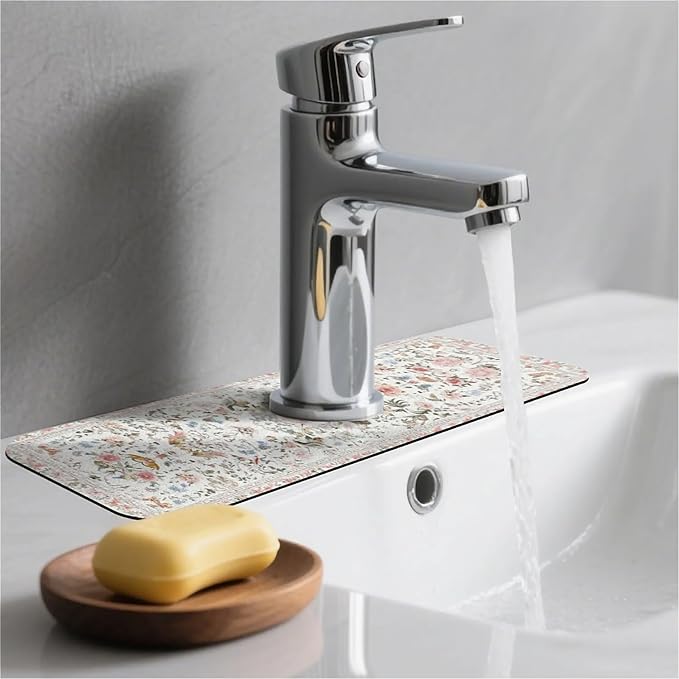 Kitchen Sink Splash Guard，White and pink flowers Faucet Mat Sink Gadgets-Super Absorbent Fast Drying Mat Drip Catcher for Kitchen, Bathroom,Sink Mat, Dish Drying Mat, Bathroom(15" X 5.5" )