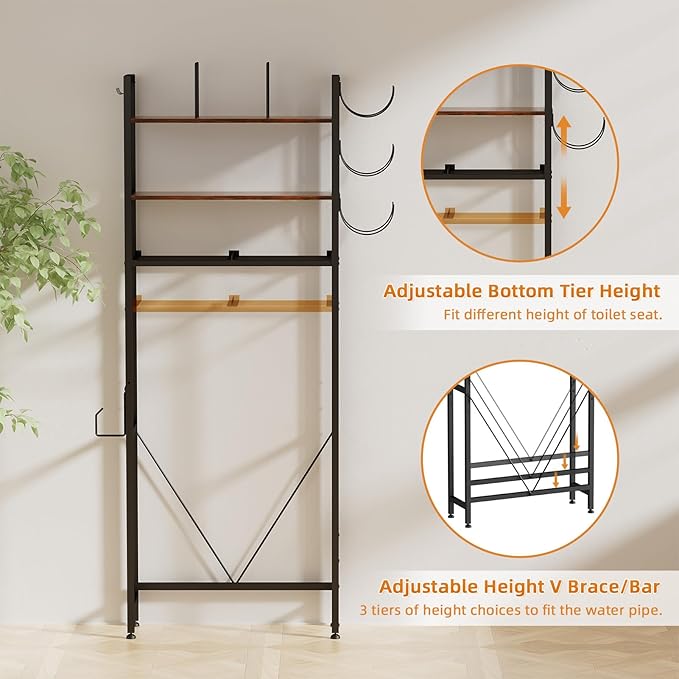 VITVITI Over The Toilet Storage Shelf, Above Toilet Bathroom Organizer with 2 Drawers, Adjustable Freestanding Toilet Storage with 3 Tier Towel Rack/4 Hooks, Farmhouse for Laundry Room (Brown)