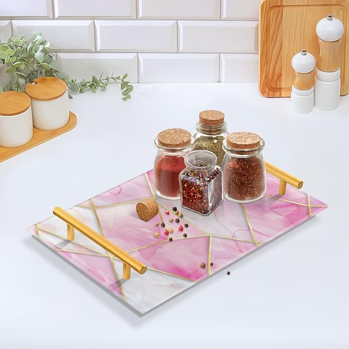 Pink Marble Vanity Tray Acrylic Bathroom Countertop Tray Marbling Decorative for Kitchen Desk Organizer Makeup Storage Tray