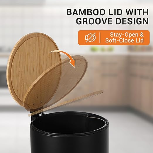GarveeHome 8 Gallon Step Trash Can with Soft-Close Bamboo Lid, Stainless Steel Garbage Can with Removable Inner Bucket, 30L Round Trash Bin, Perfect for Kitchen, Bathroom, Living Room, Black