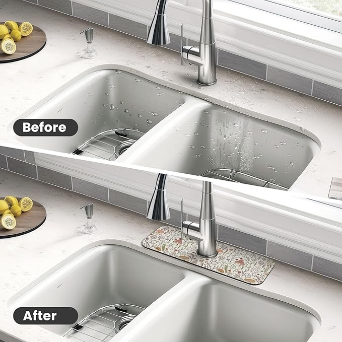 Cute Mushroom Wild Plant Kitchen Sink Splash Guard Faucet Mat 1 Pcs, Absorbent Fast Drying Mat Gadgets Splash Guard For Bathroom 15 X 5.5 Inches