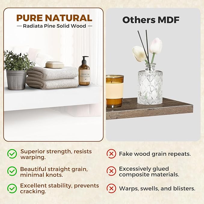 Floating Wall Shelf 16x6.8x1.7 Inch – Solid Wood Shelf in White Finish – Wall Mounted Rustic Display Organizer for Bathroom, Kitchen, Bedroom, Small Spaces – Set of 2