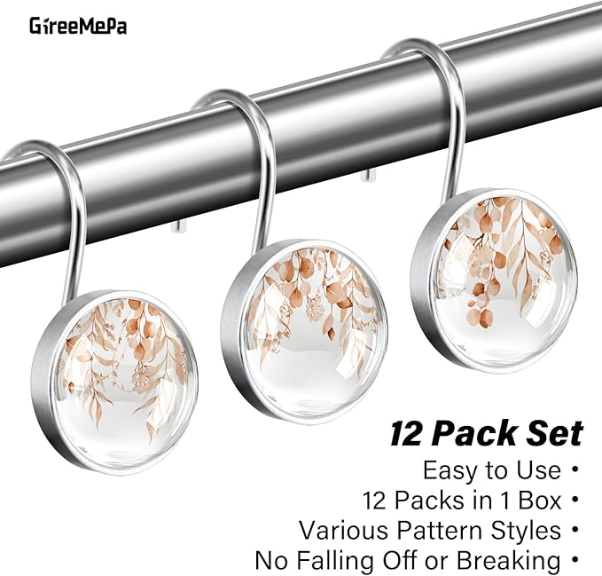 12 Pcs Orange Eucalyptus Decorative Shower Curtain Hooks Rustproof Stainless Steel Shower Rings Hanger for Modern Living Room Bedroom Bathroom Decor