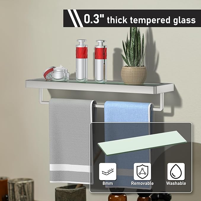 Glass Floating Shelves for Wall, Brushed Nickel 20 Inch Tempered Glass Rectangular 1 Tier Organizer Shelf for Bathroom