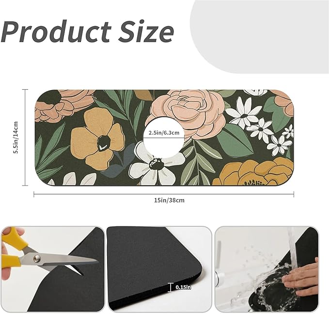 Kitchen Sink Splash Guard，Vintage Large Floral Faucet Mat Sink Gadgets-Super Absorbent Fast Drying Mat Drip Catcher for Kitchen, Bathroom,Sink Mat, Dish Drying Mat, Bathroom(15" X 5.5" )