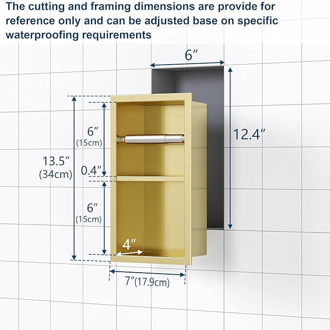 Recessed Toilet Paper Holder, 304 Stainless Steel Bathroom Toilet Paper Holder with Storage, in Wall Tissue Toilet Roll Holder, Brushed Golden