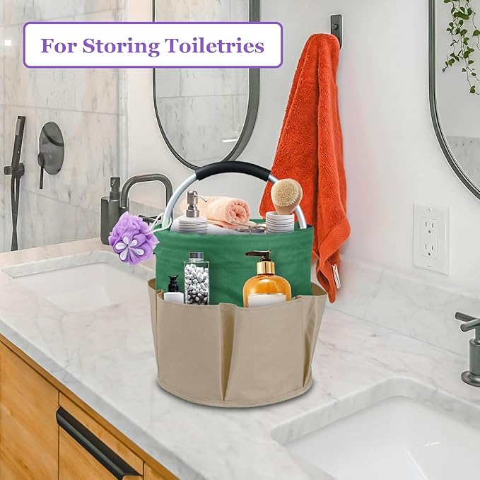 17L Caddy Organizer with Handle, Foldable Cleaning Supplies Caddy with 6 Pockets, 600D Oxford Cloth Tool Bag, Storage Organizer for Camping, Car Tool Storage, Gardening, Khaki with Green