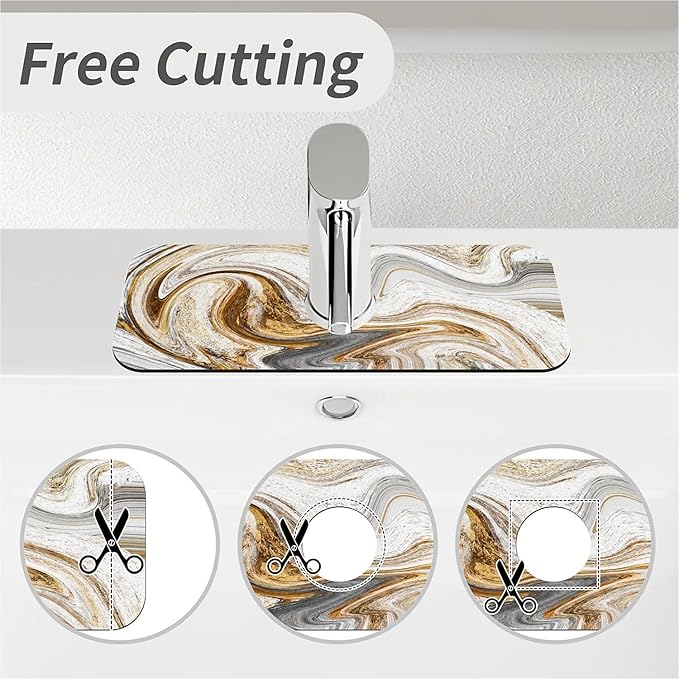 Kitchen Sink Splash Guard，White-grey gold marble Faucet Mat Sink Gadgets-Super Absorbent Fast Drying Mat Drip Catcher for Kitchen, Bathroom,Sink Mat, Dish Drying Mat, Bathroom(15" X 5.5" )