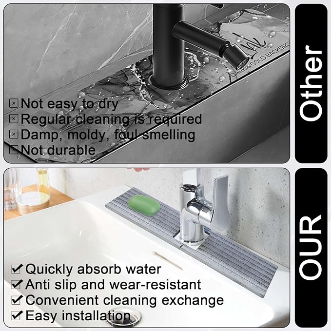 Faucet Mat for Kitchen Sink, Stone Faucet Mat for Kitchen Sink Tray 17.71*3.94*0.35in Square Hole Prevents Moisture Buildup Suitable for Bathroom Countertop Faucet Around Sink Light Gray
