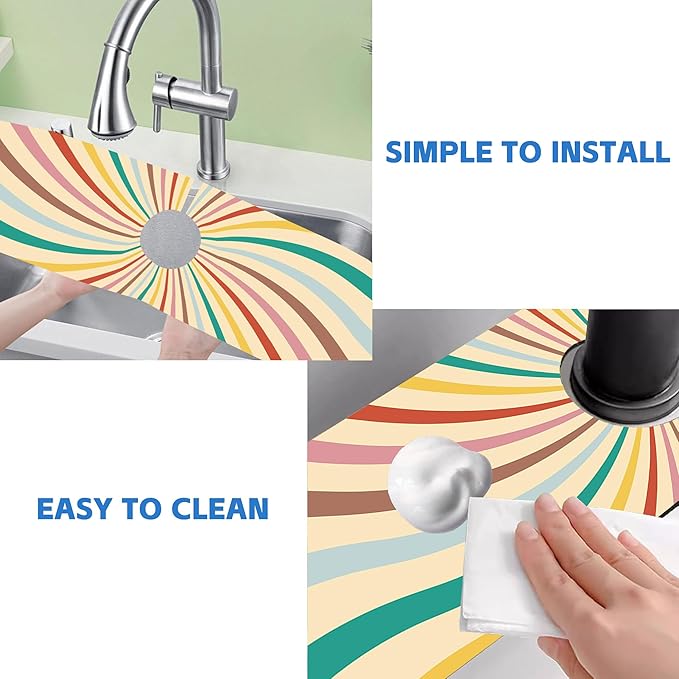Groovy Retro Swirl Kitchen Sink Splash Guard Mat Absorbent Fast Drying Mat Faucet Draining Mat Sink Splash Guard Behind Faucet Drip Catcher for Kitchen Bathroom 5.5"×24"