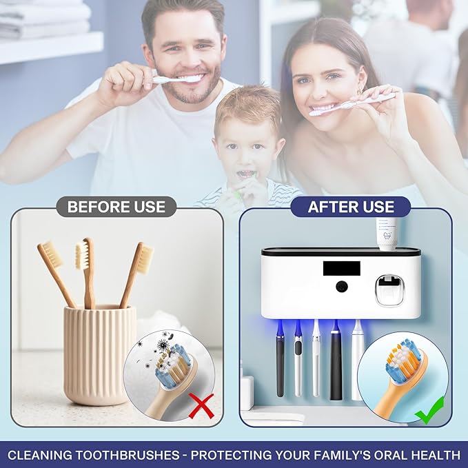 Toothbrush Sterilizer Holder Wall-Mounted | USB Rechargeable Automatic Toothpaste Dispenser, 5-Slot Bathroom Organizer with LED Display (Large)