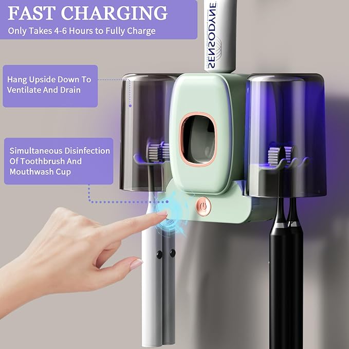 Toothbrush Holders for Bathrooms,Rechargeable Cordless Wall Mounted Tooth Brushing Holder,Electric Toothbrush Holder with 2 Cups,4 Toothbrush Slots,Toothpaste Dispenser (Green)