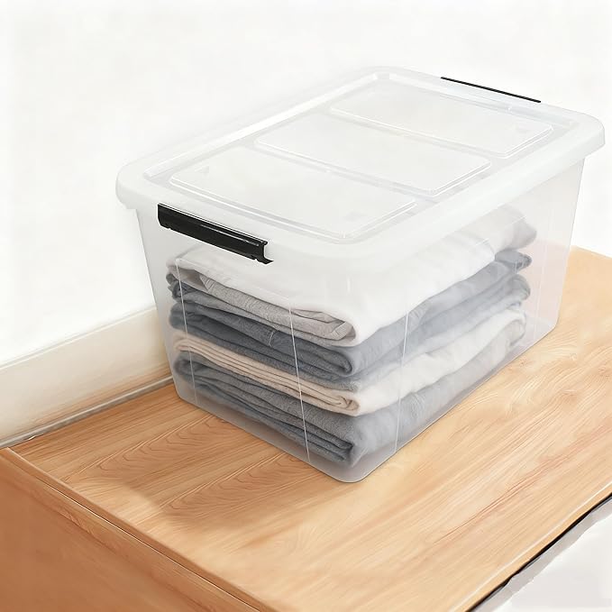 70 L Clear Storage Containers, 4-Pack, Plastic Stackable Storage Bins with Lids and Wheels, BPA-Free