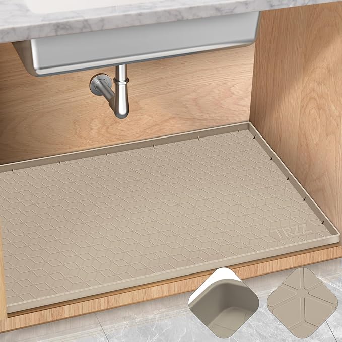 TRZZ Silicone Waterproof Under Sink Mat 28" x 22", Drip Tray and Cabinet Liner for Kitchen and Bathroom, Prevents Water Damage and Organizes Cabinets (Khaki)