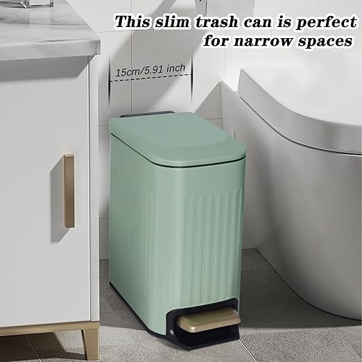 Soddeph Small Narrow Bathroom Trash Can with Lid Bathroom,1.6 Gallon Stainless Steel Wastebasket with Lid Soft Close,Slim Trash Can with Removable Inner Bucket for Toilet, Bedroom,Office (Green)
