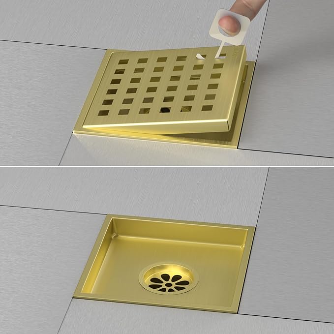 4 Inch Square Shower Drain, Shower Floor Drain with with Removable Square Hole Cover, 304 Stainless Steel Bathroom Drains with Flange (Brushed Bronze)
