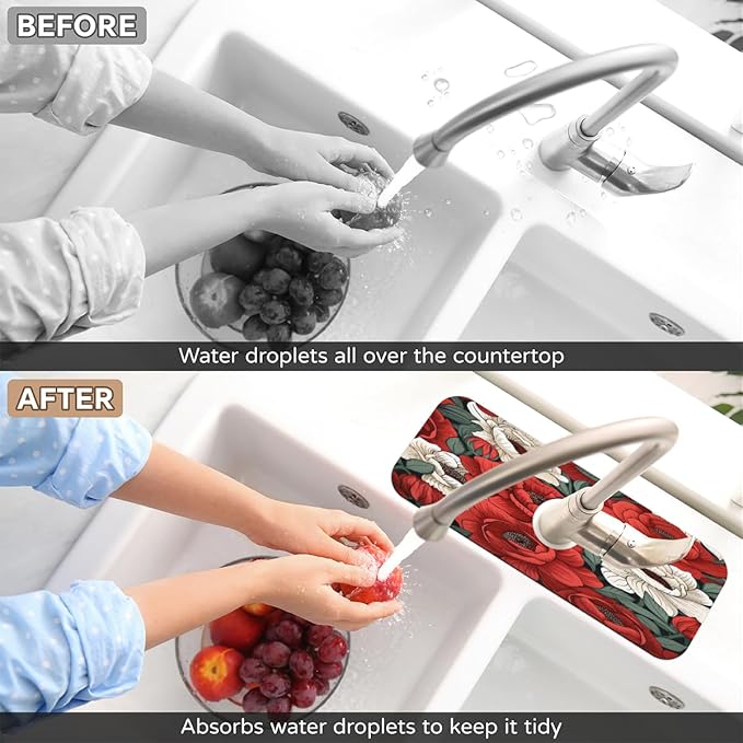 Red And White Roses Kitchen Faucet Mat Splash Guard, 15.4”x5.7” Absorbent Quick Drying Sink Mat for Countertop Protection, Draining Mat Sink Protectors For Kitchen Bathroom, 2 Pack