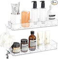 2 Pack Acrylic Shower Shelves, Clear Bathroom Tray with Hooks, Adhesive Wall Mount Shower Caddy Organizer for Bathroom Kitchen Storage