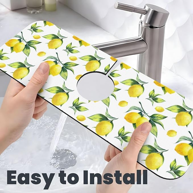 Yellow Lemon Green Leaves Kitchen Sink Splash Guard Faucet Mat Super Absorbent Fast Drying Mat Sink Gadgets-Fast Drying Pad Sink Mat For Kitchen Bathroom (15" X 5.5" )