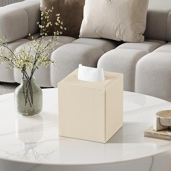 PU Leather Tissue Box Cover Square Tissue Box Holder with Magnetic Closure, Decorative Tissue Holder for Bathroom Bedroom Office (Beige)
