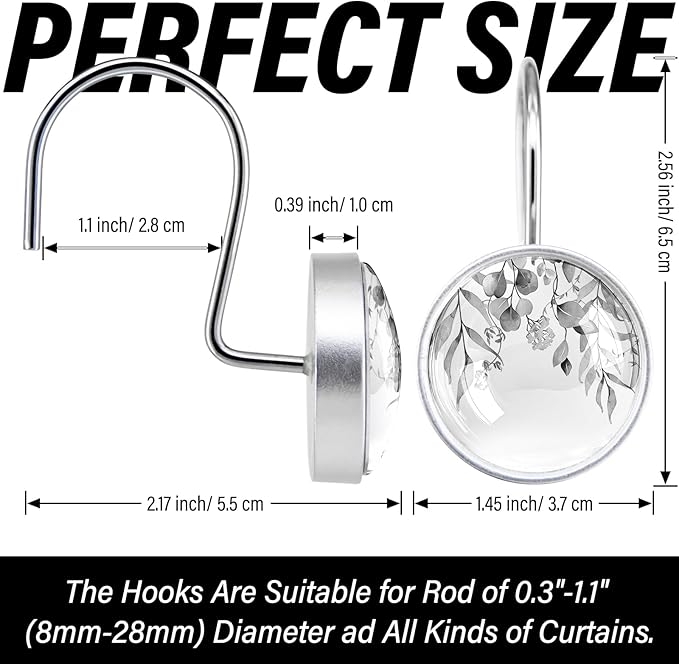 12 Pcs Black Eucalyptus Shower Curtain Hooks - Decorative Shower Curtain Hooks Rings Set - Stainless Steel Round Resin Shower Rings Hangers for Summer Bathroom Home Bath Room Rods Decor