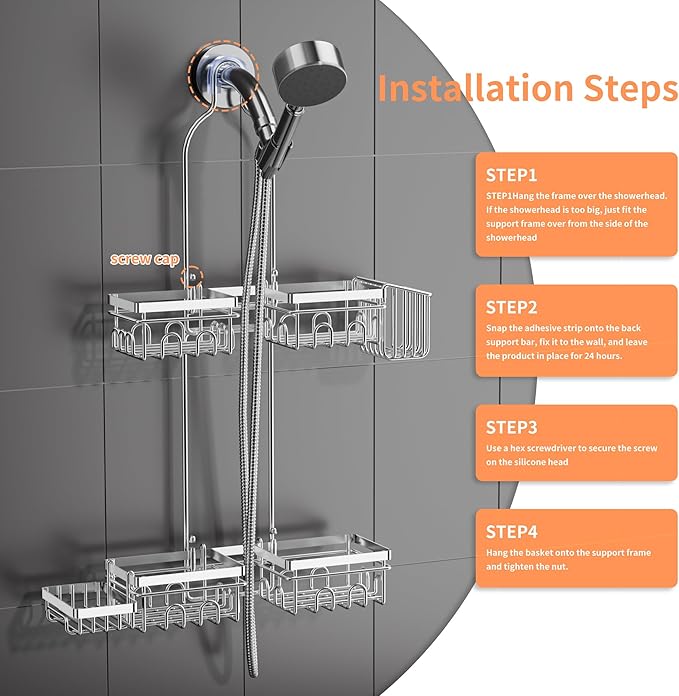 Shower Caddy Hanging - Over Shower Head Caddy, 0.82 inch Universal with 2 Shelves, Soap Holder, Toothbrush Holder & Reusable Suction Hook, Complete Silver Bath Organizer Set