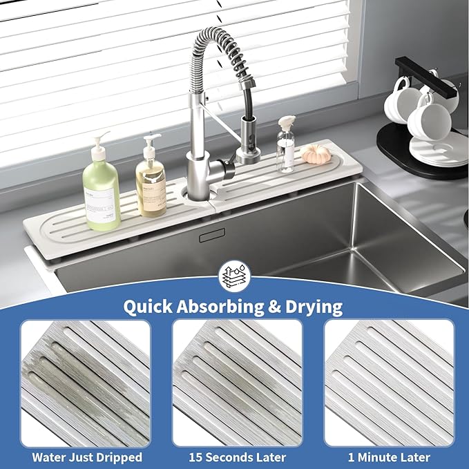 Kitchen Faucet Mat, Quick Drying Diatomite Sink Faucet Mat Splash Guard for Kitchen, Water Absorbing Stone Tray for Sink, Absorbent Stone Drying Tray for Bathroom Counter