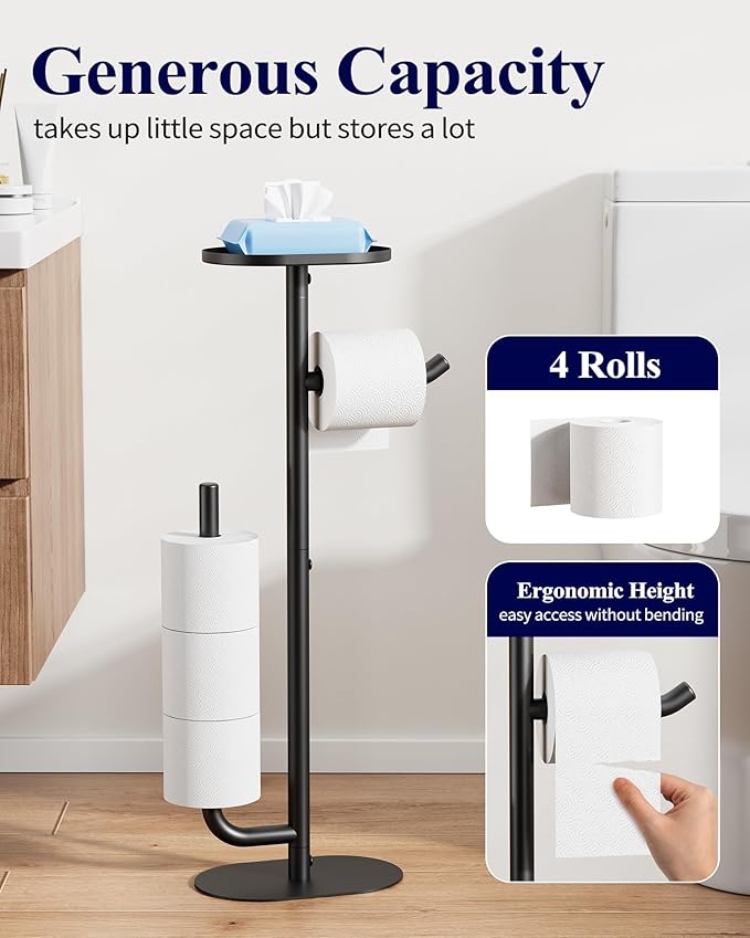 Kitsure Toilet Paper Holder Stand - Spacious Toilet Paper Storage for 4 Rolls, Rustproof Bathroom Organizers and Storage with Shelf for Phone & Small Items, 9.1"×5.8"×27.6", Black