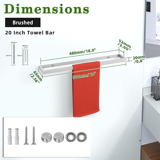 Alise Bath Towel Bar,Wall Mount Towel Holder Towel Rack Towel Hanger for Bathroom Lavatory,20 Inch SUS304 Stainless Steel Towel Rail,Brushed Finish