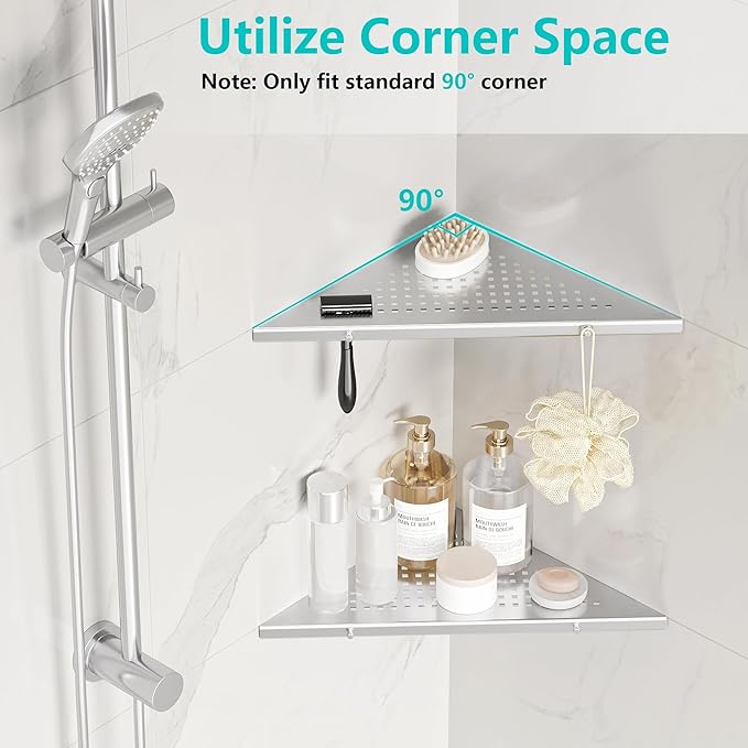 10" Bathroom Corner Shelf, 2 Pack Recessed Shower Shelf Caddy, SUS304 Stainless Steel Shelf Wall Mount Triangular, No Drilling Brushed Nickel