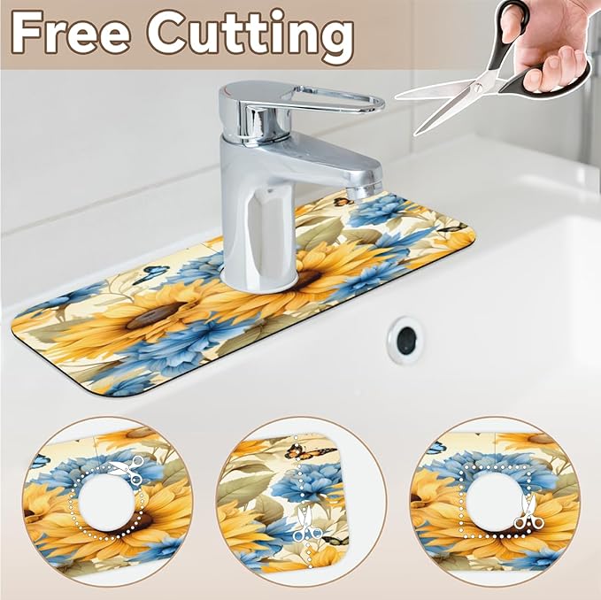 Sunflower Blue Bloom Kitchen Faucet Mat Splash Guard, 15.4”x5.7” Absorbent Quick Drying Sink Mat for Countertop Protection, Draining Mat Sink Protectors For Kitchen Bathroom, 1 Pack