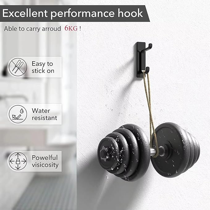 Quik D Heavy Duty Adhesive Wall Hooks for Hanging (4 Pack) — Waterproof & Rustproof Double Hooks, No Drilling Stick On Hooks for Bathroom, Kitchen, Door, Coat, Towel, Keys & Robes (6)
