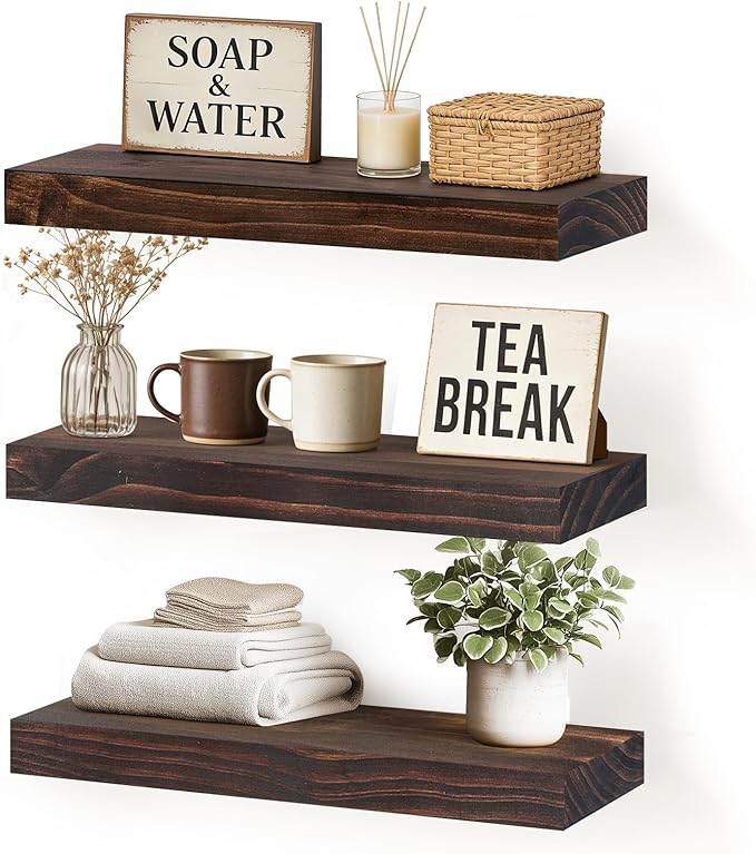 Floating Wall Shelf 16x6.8x1.7 Inch – Solid Wood Shelf in Walnut Finish – Wall Mounted Rustic Display Organizer for Bathroom, Kitchen, Bedroom, Small Spaces – Set of 3