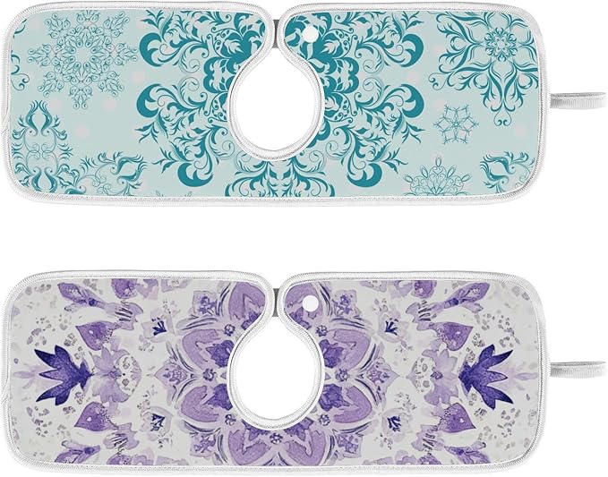 Sink Faucet Absorbing Mat Kitchen Sink Splash Guard Splash Faucet Drip Catcher for Bar RV Bathroom 2PCS 30x5.5in Lavender Flowers Teal Mandala Purple