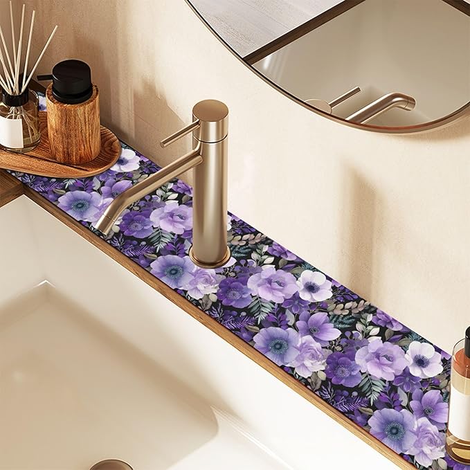 Purple Black Lotus Flower Kitchen Sink Splash Guard Sink Faucet Mat Faucet Handle Drip Catcher Drain Mats for Kitchen Bathroom Countertop Absorbent Dish Drying Pad 2Pack 14.7x5.4IN