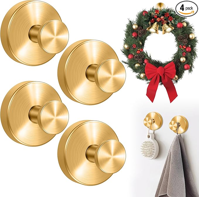 4Pcs Suction Cup Hooks for Wreaths, Shower Suction Cup Hooks, Strong Suction Cup Hanger for Front Door, No-Drill & Removable Holders for Window Glass, Bathroom, Kitchen Mirror, Wall (Gold)