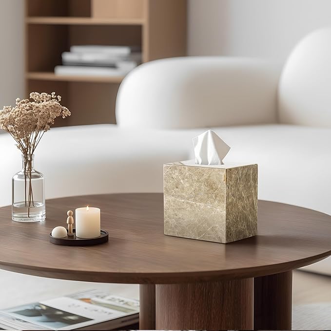 Natural Marble Tissue Box Holder Cover, Square Cube Tissue Box Holder with Open Bottom for Bathroom Vanity Tops, Bedroom Dressers, Kitchen Countertop, Light Brown (NS042)