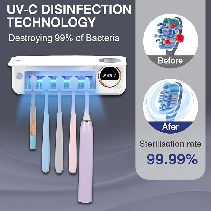 GFBEBDVToothbrush Cleaner, Electric Toothbrush Holder, Rechargeable Bathroom Wall Mounted Toothbrush Holder with Fan Drying and Timer, Holds 5 Toothbrushes and 1 Razor, Fits 99% of Toothbrushes.
