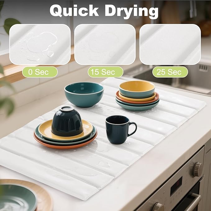 Large Stone Drying Mat for Kitchen Counter, Ultra Absorbent Diatomaceous Earth Mat with PU Leather Cover Stain-resistant Quick Dry/Foldable, Collapsible Dish Mats for Dishes Cups 23.6"x15.3"