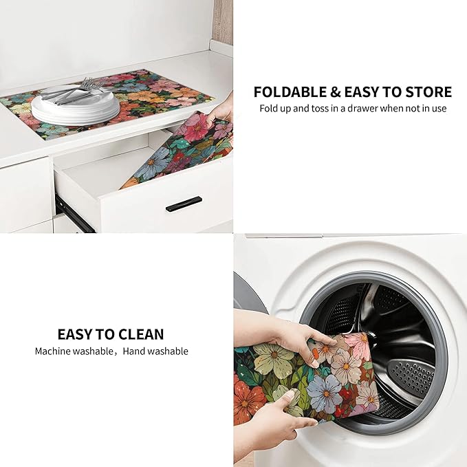 Colorful Wildflowers Dish Drying Mat for Kitchen Counter, 18"x24" Microfiber Absorbent Fast Dry Mat, 2Pcs Dish Mat Faucet Mats Sets, Large Drying Kitchen Mat Kitchen Drying Pad Coffee Bar Decor Gifts