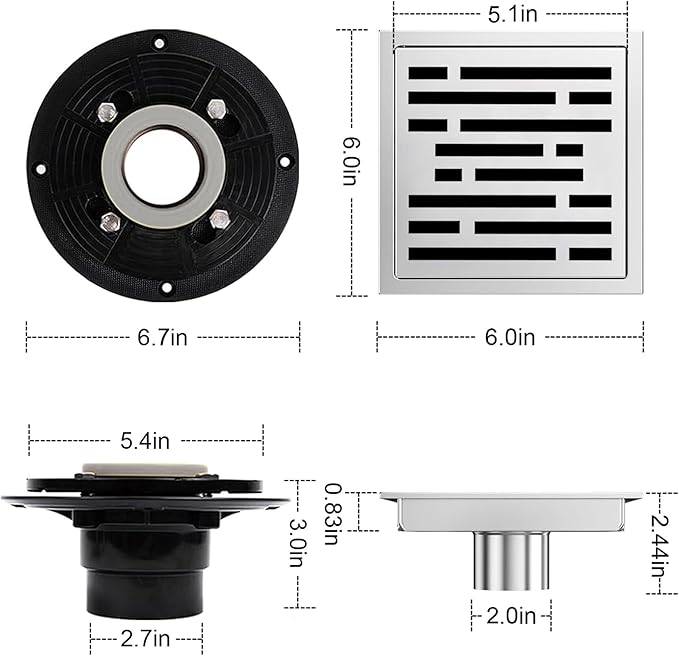 6 Inch Square Shower Floor Drain, Shower Drain Kit with Flange, Square Shower Drain, SUS 304 Stainless Steel Floor Drain,Silver